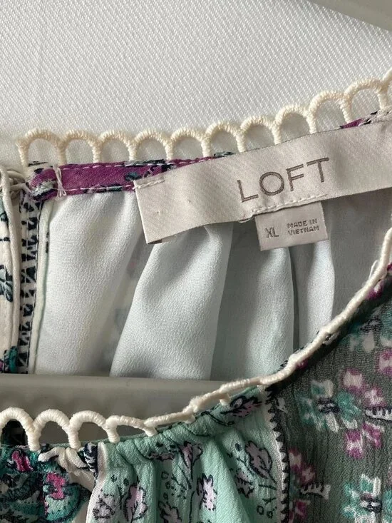 Loft Womens Multicolor Floral Stripe Scalloped Neck Peasant Blouse Top Size XL - Picture 4 of 10